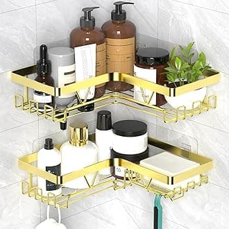 Kegii Corner Shower Caddy Gold - Shower Shelf No Drilling Self Adhesive Bathroom Organiser Stainless Steel Shampoo Holder (Non Rust, Waterproof) Home Organisation