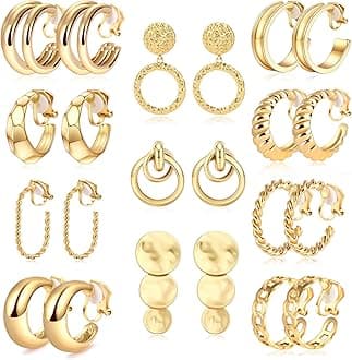 MOZAKA 11 Pairs Gold Clip On Hoop Earrings for Women Fashion Clip on Earrings Twist Round Geometric Chunky Hoop Clip Earrings Adjustable Fake Clip On Earrings Set for Gift