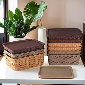 Kuber Industries Pack of 9 Multipurpose Solitaire Storage Basket with Lid|Strong Plastic Material & Side Grip|Size Large 36 x 30 x 14, (Multi)-CTLTC10908, Square