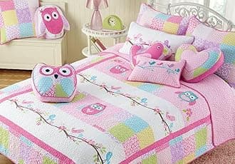 Cozy Line Home Fashions Cute Owl Pink Blue Green Embroidery 100% Cotton Reversible Girl Bedding Quilt Set, Coverlet, Bedspreads (Twin - 2 Piece: 1 Quilt + 1 Standard Sham)