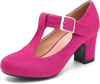 EugisyWomen's T-Strap Mary Jane Pumps Low Block Chunky Heels Closed Round Toe Dress Wedding Office Work Shoes