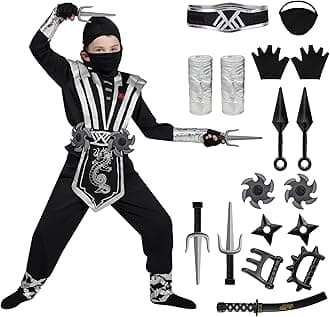 Spooktacular Creations Ninja Costume kids, Silver Ninja Deluxe Fancy Dress Costume Set with Foam Accessories Toys for Kids Kung Fu Outfit Halloween Ideas