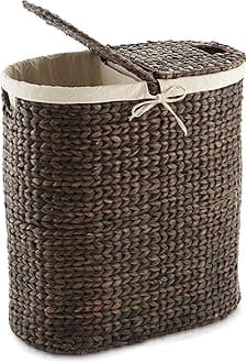 Casafield Oval Laundry Hamper with Lids and Removable Liner Bags - Espresso Dark Brown, Woven Water Hyacinth 2-Section Laundry Basket Clothes Sorter