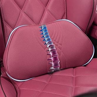 Lumbar Support Pillow for Car Seat, Office Chair Nappa Leather Memory Foam Lower Back Cushion for Back Pain Relief Improve Posture, Ergonomic Back Rest for Gaming Chair, Red, 1PC