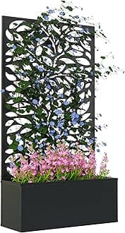Outsunny Metal Raised Garden Bed with Trellis for Climbing Plants, Freestanding or Wall Mounted Flower Bed with Privacy Panel, Leaves Cut-Outs Outdoor Planter Box for Garden, Patio, Balcony