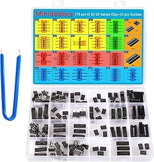 IC Chips kit Minidodoca 173 pcs 20 Values Chip Assortment Set+12 pcs Sockets;Integrated Circuits op amp kit 555 Timer IC Included NE555,LM358, LM324, LM393, LM339, NE5532, LM386,UA741,IC Plier etc