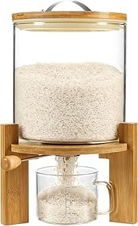 Rice Dispenser, Rice Storage Container：Flour and Cereal Container with Airtight Lid and Wooden Stand, Glass Food Storge Container for Kitchen Organization and Pantry Store (5L)