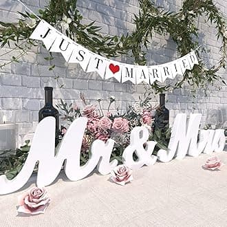 Large White Wooden Mr & Mrs Sign with Just Married Banner White Sweetheart Table Decorations & Photo Props for Anniversary Parties