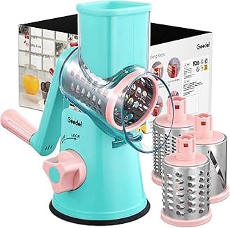 Geedel Rotary Cheese Grater, Kitchen Mandoline Vegetable Slicer with 3 Interchangeable Blades, Easy to Clean Rotary Grater Slicer for Fruit
