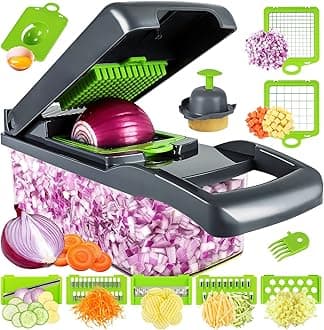 MAIPOR Multifunctional Vegetable Chopper and Slicer - 13 in 1 Food Chopper With 8 Blades, Dicer, Cutter for Onions, Carrots, Garlic and More - Container Included, Gray