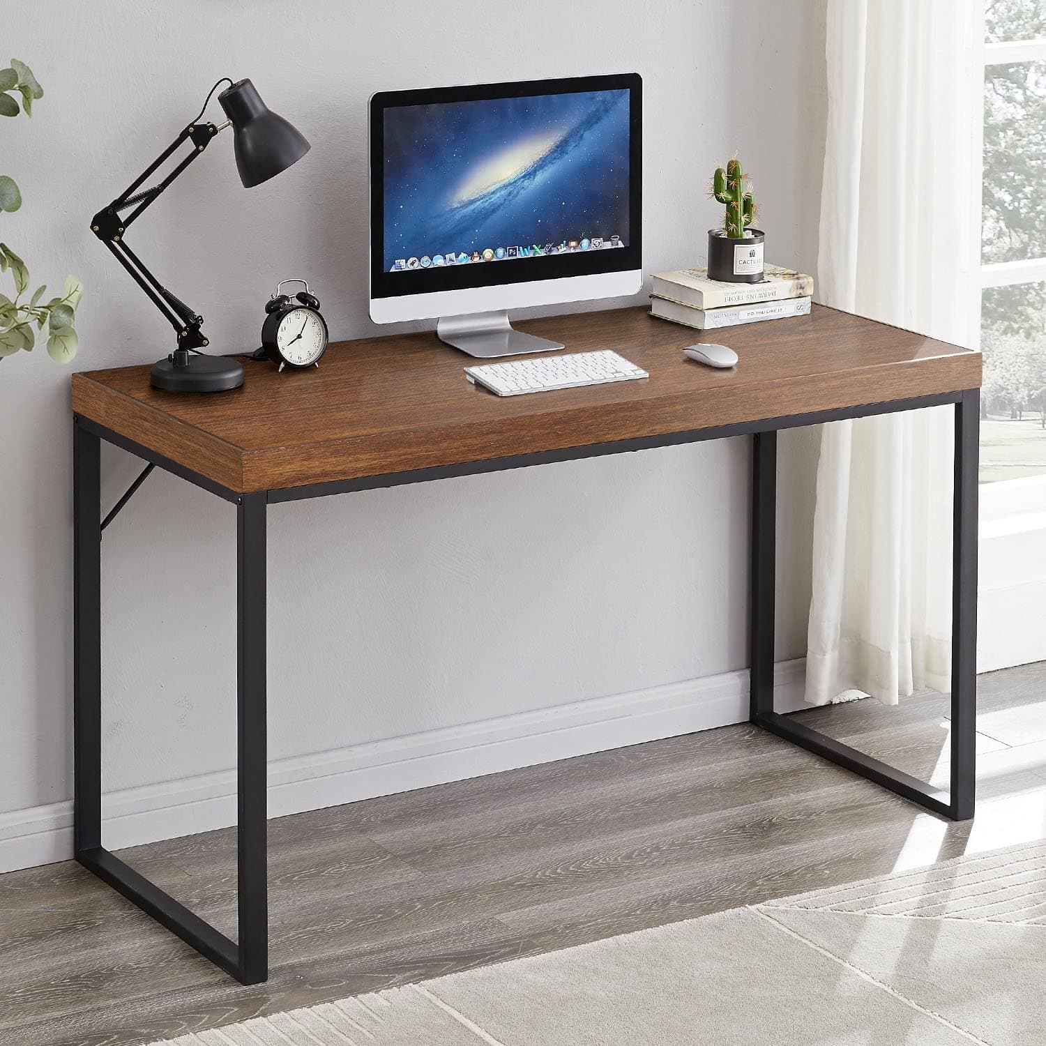 IBF Real Wood Computer Desk, Rustic Solid Wood Writing Table, Farmhouse Metal and Wooden Home Office Desk, Study Table Workstation, Distressed Brown (Paulownia, 47 Inch)