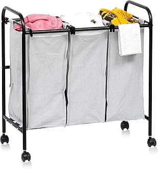 Livzing Metal Laundry Sorter 3 Section Cart With Rotating Wheels - Trolley With Removable Bags - 3 Compartment Divider Organizer & Basket for Bedroom, Home - Grey