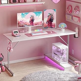 52 inch Gaming Desk with Power Outlets and USB Charging Ports, Computer Desk with LED Lights and Monitor Stand, Gamer Desk for Home Office, Easy to Assemble, Carbon Fiber White