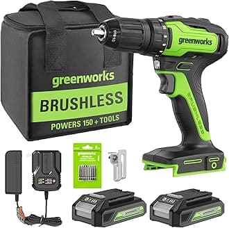 Greenworks 24V Brushless Cordless Drill Kit, 310 in./lbs, 18+1 Position Clutch, 1/2 '' Keyless Chuck, Variable Speed, (2)2Ah Batteries with 2A Charger, LED Light, 8pcs Drill Bits with Tool Bag
