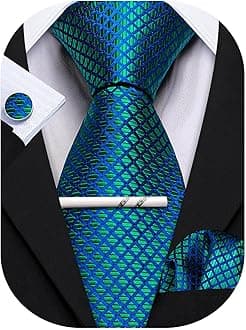 YOHOWA Men Plaid/Striped Ties Set Silk Business Wedding Formal Fashion Necktie and Pocket Square Cufflinks Set