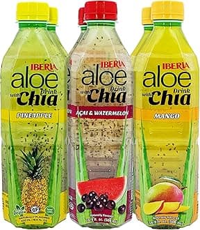 Iberia Aloe Vera Drink with Aloe Pulp and Chia Seeds 16.9 Ounce (Pack of 6) 2 X Watermelon & Acai, 2 x Mango, 2 x Pineapple