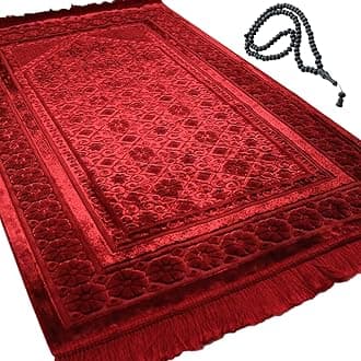Modefa Velvet Prayer Rug - Soft Plush Turkish Janamaz Sajada Carpet for Men and Women - Plain Solid Prayer Mat Ramadan Eid Gift - with Prayer Beads - Luxury Floral Stamp (Red)