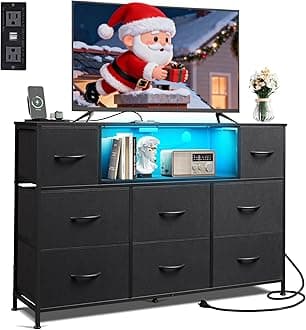 WLIVE Black Dresser TV Stand for 45, 50, 55 inch TV, Entertainment Center with LED Lights & Charging Station, Chest of Drawers with 8 Fabric Drawers and Open Shelves for Living Room, Hallway, Wood Top