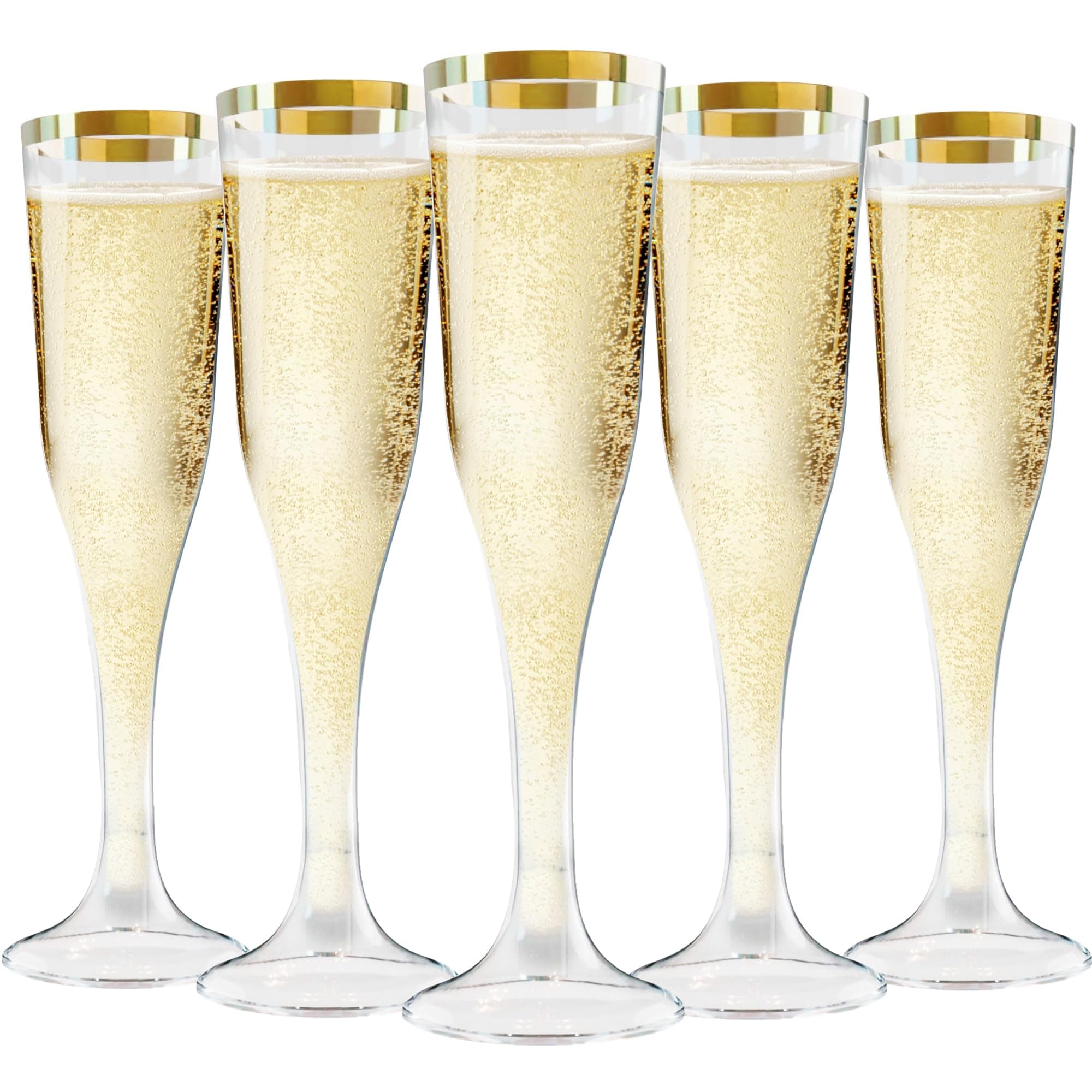 100 Plastic Champagne Flutes, 4.5oz Clear Disposable Hard Stemware Cups with Golden Rim, Plastic Champagne Glasses for Wedding, Graduation Party, Bridal Shower, Birthday Party