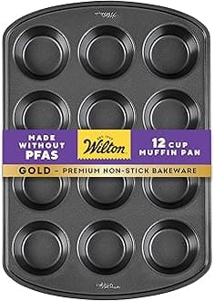 Wilton Gold Non-Stick 12 -Cup Muffin Pan, Cold-Rolled Steel Bakeware, Made without PFAS, 10.5 x 15 x 1.4 in, Packaging May Vary