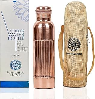 Pure Copper Water Bottle 34oz (1 Liter) - 100% Handmade Ayurvedic Copper Vessel, Leak Proof, BPA Free, Large Antique Design with Carry Bag for Gym, Yoga, Hiking & Office - 1000 ml, Natural