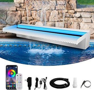 Waterfall Spillway Stainless Steel Pond Waterfalls with Color Changing LED Light, Outdoor Pool Fountain Water Feature Kit for Garden Patio Swimming Pool Koi Ponds Decor-24"x8"x4"