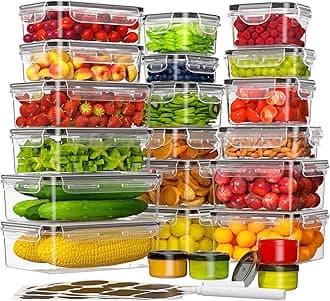 44-Piece Food Storage Containers with Lids(22 Containers & 22 Lids), Plastic Food Containers for Pantry & Kitchen Storage and Organization, BPA-Free, Leak Proof, Reusable with Labels & Pen