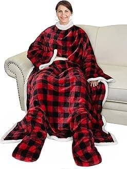 Catalonia Sherpa Wearable Blanket with Sleeves & Foot Pockets for Adult Women Men, Comfy Snuggly Wrap Sleeved Throw Blanket Robe, Gift Idea, Red Checker Plaid