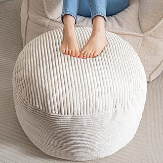 Round Stuffed Pouf Ottoman, Corduroy Poufs with Foam Chunk Filling, Furry and Fluffy Pouf Foot Stool Storage Ottoman, 26 X 18 Floor Poufs Foot Rest for Living Room, Beige