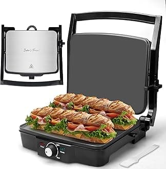 Baker's Friend Panini Press Electric Griddle, Panini Grill Press Sandwich Maker Press, Grilled Cheese Maker, Sandwichera Electrical, Browning Control, Non Stick Surfaces, 4-Slices, Stainless Steel
