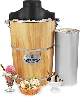 Elite Gourmet Old Fashioned 6 Quart Vintage Wood Bucket Electric Maker Machine Appalachian, Bonus Classic Die-Cast Hand Crank, Uses Rock Salt Churns Ice Cream in Minutes, Black