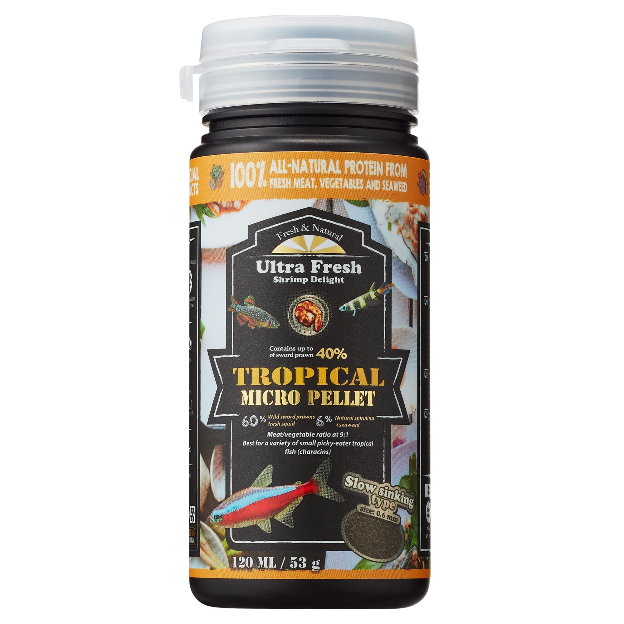 Ultra Fresh Tetra Fish Food, Slow Sinking, All Natural Ingredients, Wild Sword Prawns, Spirulina, Color Enhancement, Small Granules, Tropical Micro Pellet 53g