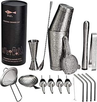Sky Fish 3D Etched 18-Piece Bartender Kit Stainless Steel Boston Cocktail Shaker Set Copper Plated Bartending Tools Suit for Bar Tools Set Mixology Enthusiasts (Space Gray)