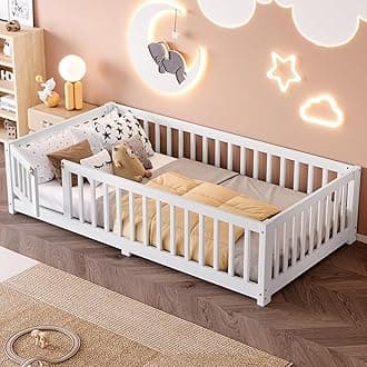 Bellemave Twin Size Kids Floor Bed with Door and Fence,Montessori Floor Bed with Slats and Safety Guardrails,Solid Wood Twin Bed Frame for Girls Boys,White