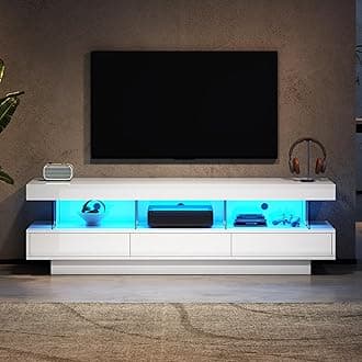 BTM TV Cabinet, TV Stand Cabinet with 3 Drawers & 3 Open Storage Space, White High Gloss TV Unit with LED Lights via Bluetooth, TV Unit for 70-79 inch TV, 160x38x50.5cm