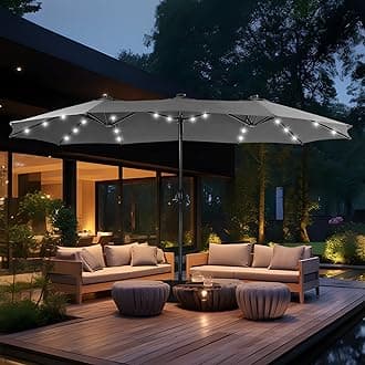 15ft Double Sided Patio Umbrella with Solar Lights, Outdoor Large Umbrellas with Crank Handle and 36 LED Lights, Rectangular Market Umbrella with Base Included for Deck Pool Shade, Smoky Gray