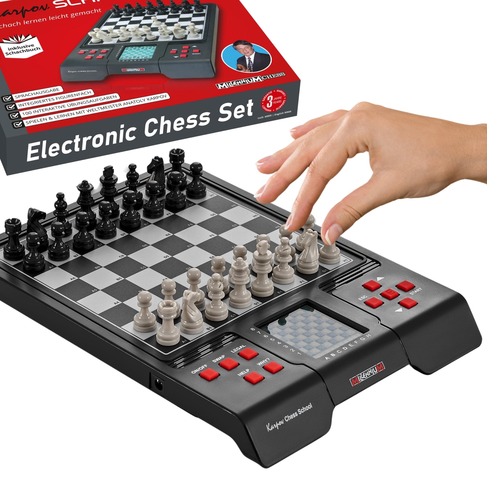 Electronic Chess Board Set - Computer Chess Teacher and Trainer - Interactive LCD Display - Magnetic Board & Pieces - Portable & Travel Chessboard - AI Chess Board - Smart Chess Board - by Millennium