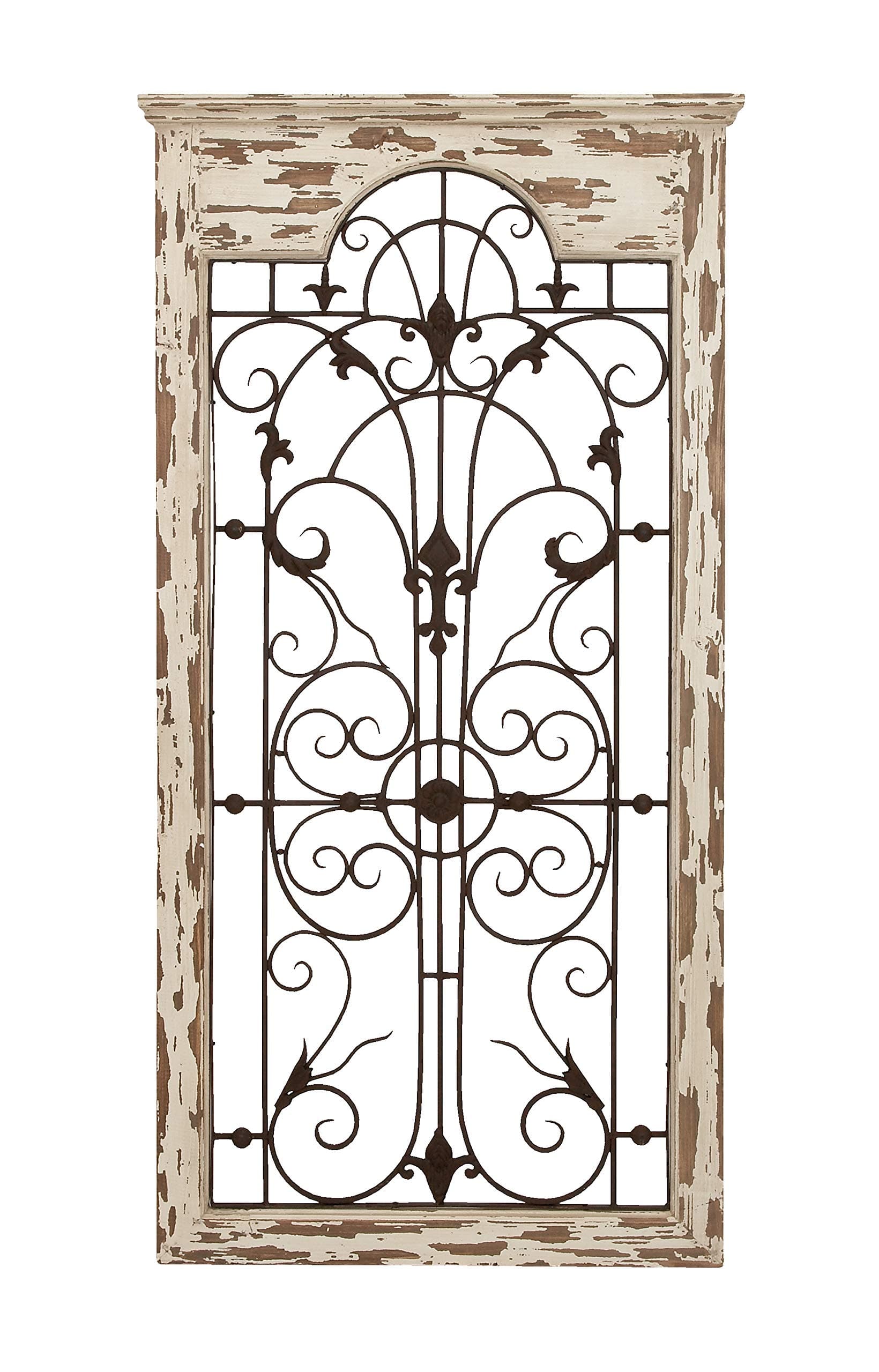 Deco 79 Wood Scroll Home Wall Decor Distressed Window Inspired Panel Wall Sculpture with Black Metal Fleur De Lis Relief, Wall Art 27" x 2" x 51", White