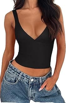 REORIA Women's Summer Sexy Deep V Neck Sleeveless Slim Fit Trendy Y2k Corset Cami Crop Tank Tops