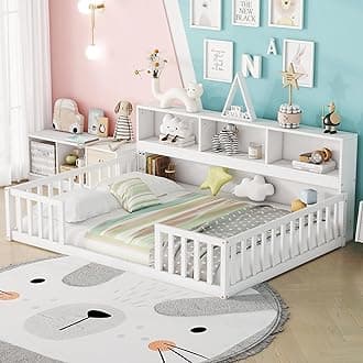 Kids Montessori Floor Bed,Full Size Floor Bed with Bookcase and Shelves,Full Bed Frame with Guardrails for Kids,Girls,Boys(Full,White)