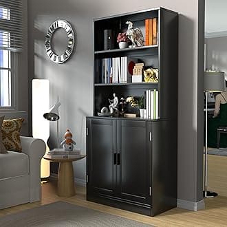 75" Tall Bookcase with Doors, 5 Tier Large Bookshelf with Cabinet, Standing Wood Display Book Shelf for Living Room, Office, Library with Doors, Black