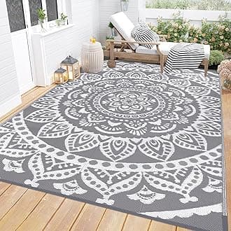 Waterproof Outdoor Rug 5'x8' Reversible Boho Plastic Straw Patio Deck Camping Rugs, Indoor Outdoor Portable RV Mat Clearance Carpet for Outside, Porch, Balcony, Backyard, Beach, Pool,Grey