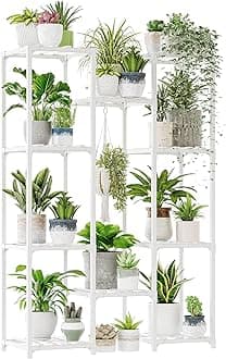Bamworld White Plant Stand Indoor Plant Shelf Outdoor Wood Plant Rack for Multiple Plants 3 Tiers Ladder Plant Holder for 7 Plant Pots for Living Room Boho Home Decor for Gardening
