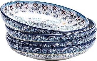 Bico Blue Talavera Pasta Bowls, 35oz Salad Bowl Set of 4, Large Ceramic Serving Dinner Bowls for Soup and Cereal, Microwave and Dishwasher Safe, Gift for Housewarming and Thanksgiving