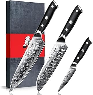 SHAN ZU Damascus Knife Set, Japanese Super Steel 3 PCS Damascus High Carbon Professional Ultra-Sharp Kitchen Chef Knife Set with G10 Handle Gift Box