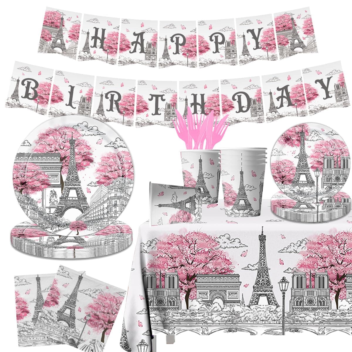 Paris Themed Party Decorations - 142PCS Eiffel Tableware Set Include Plates, Napkins, Cups, Tablecloth for Paris Birthday Party Supplies