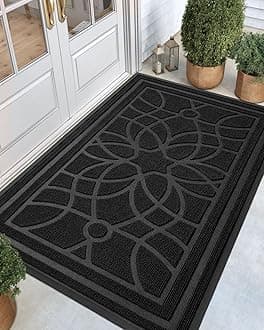 Front Door Mat Outside Entrance, Heavy Duty Non Slip Low Profile Doormat for Entryway, Trap Dirt and Moisture Welcome Mats, Easy Clean, Patio, Garage, 6x4, Black