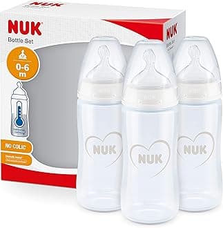 NUK First Choice+ Baby Bottles | 0-6 Months | 300 ml | Anti-Colic Bottles with Orthodontic Silicone Teat | Temperature Control | BPA-Free | Grey & White | 3 Count