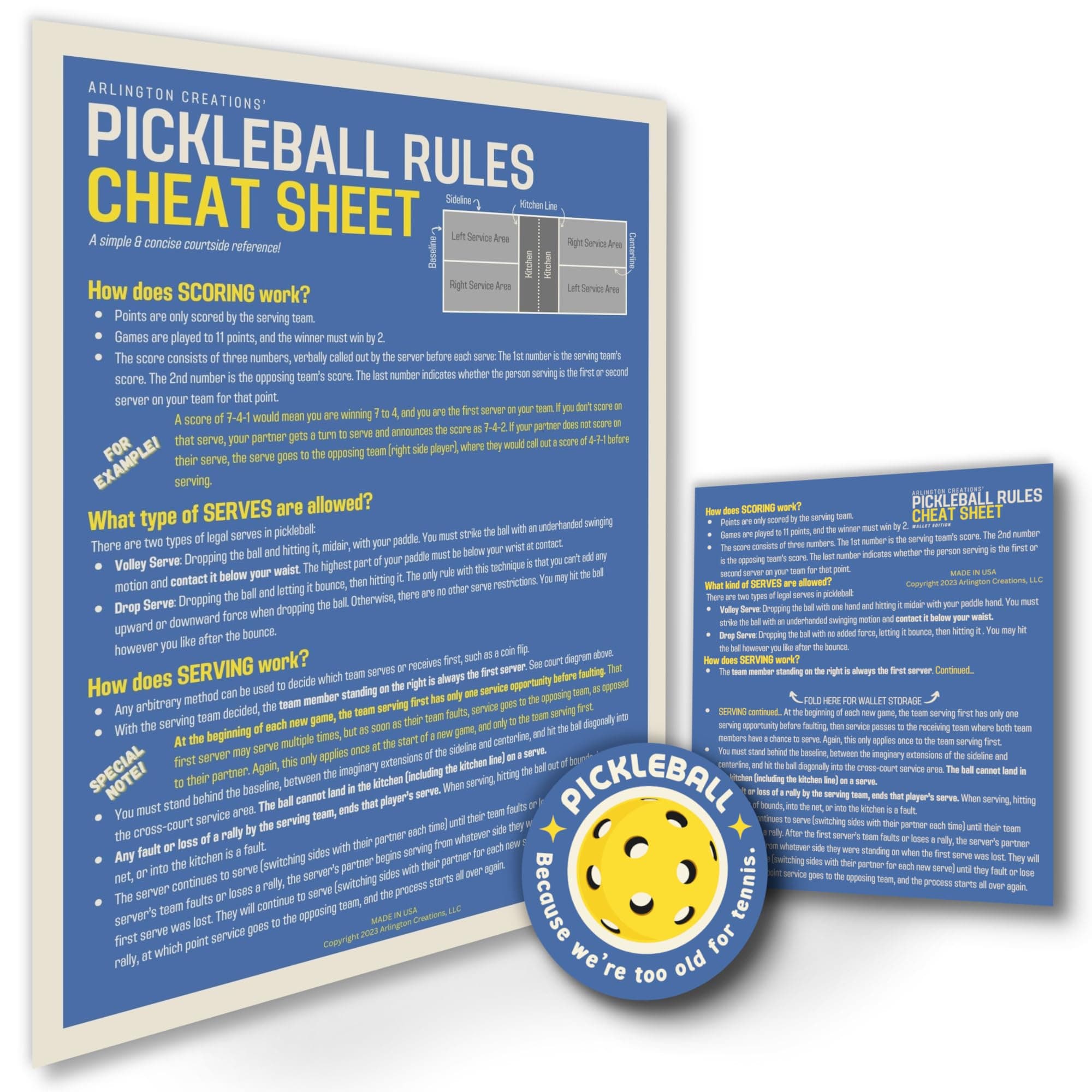 Pickleball Rules Cheat Sheet, The Perfect Courtside Reference, Made in USA, Includes Wallet Size and Sticker