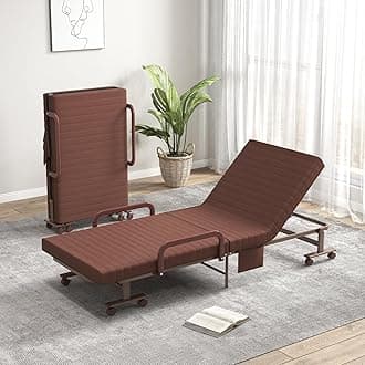 Folding Bed With Mattress, Portable Guest Bed With Adjustable 6 Position & Side Storage Pocket, Foldable on Wheels for Home, Roll Away for Adults, Brown